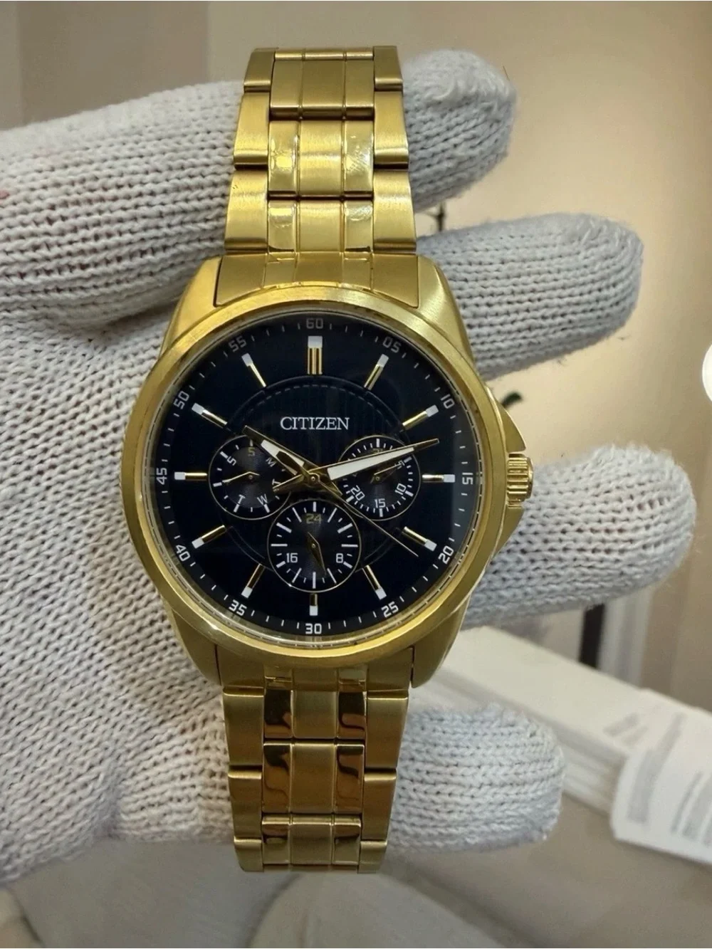Citizen Gold Multi-Function Mens Quartz Watch AG8342-52L Black Blue Dial 42mm